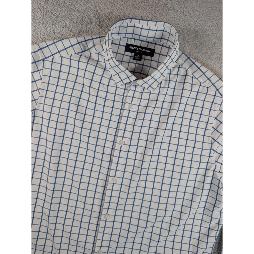 Mizzen+Main Leeward Dress Shirt Mens M White Blue Grid No Tuck 1WS-0910